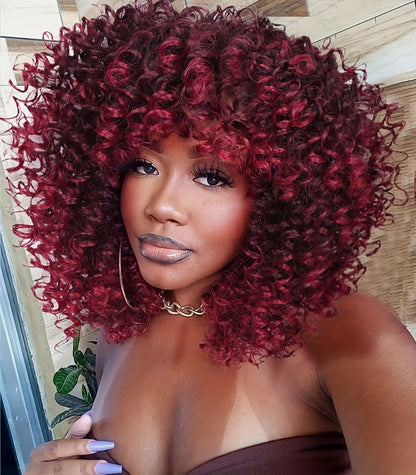 Synthetic Wig 14-Inch Kinky Curly Afro with Bangs, 180% Density and Stretch Net Cap for Daily Style