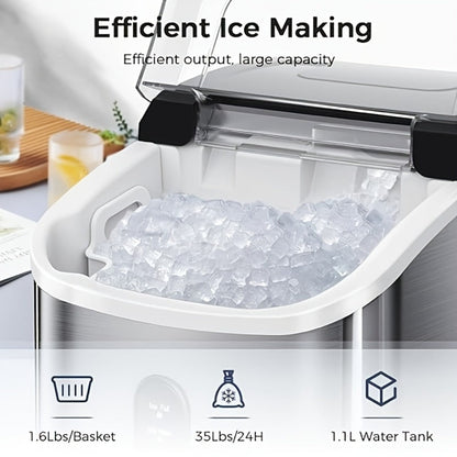 Stainless Steel Ice Maker Countertop – 35 Lbs Soft Chewable Nugget Ice or 26 Lbs Bullet Ice, Pebble Portable Ice Machine for Home, Kitchen