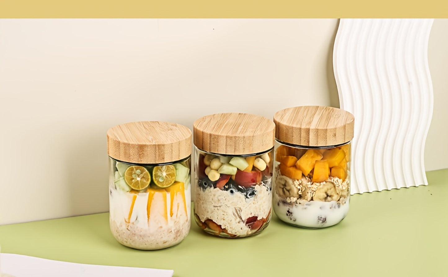 Glass Jar Food Storage Organizer with Bamboo Lids, Wide Mouths, Four-Pack 16oz or Six-Pack Spoon Sets
