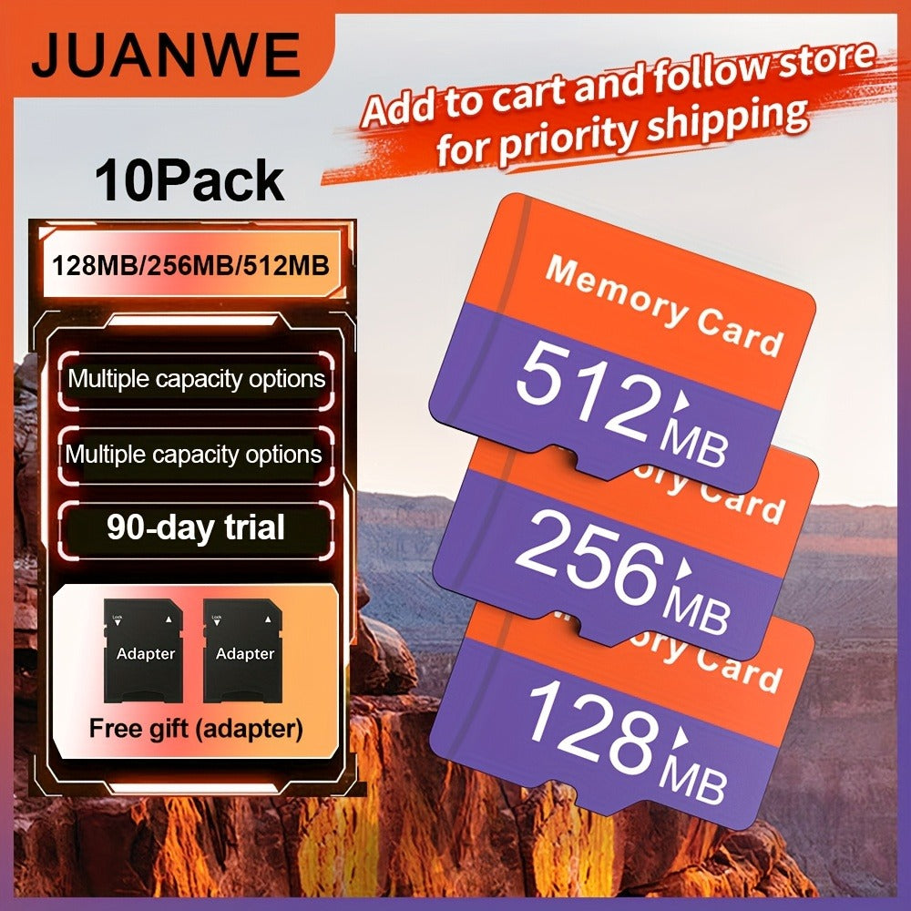 JUANWE MicroSD Memory Card 10-Pack in 128MB, 256MB or 512MB Capacity Options with Two Full-Size SD Adapters