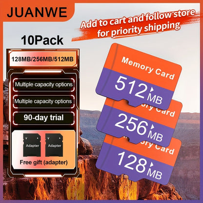 JUANWE MicroSD Memory Card 10-Pack in 128MB, 256MB or 512MB Capacity Options with Two Full-Size SD Adapters