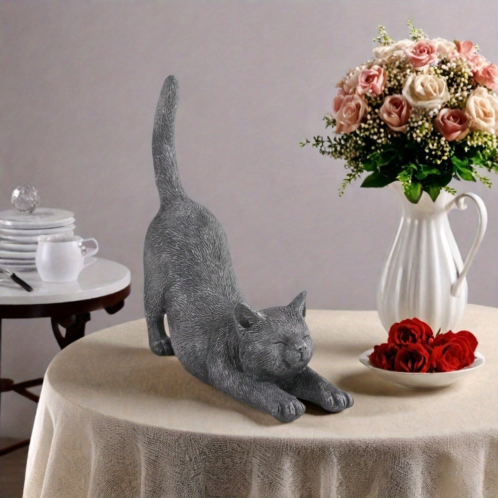 Yoga Cat Statue Hand-Painted Stretching Cat Figurine Grey Resin Decorative Sculpture for Home Office for Garden, Patio and Yard Use