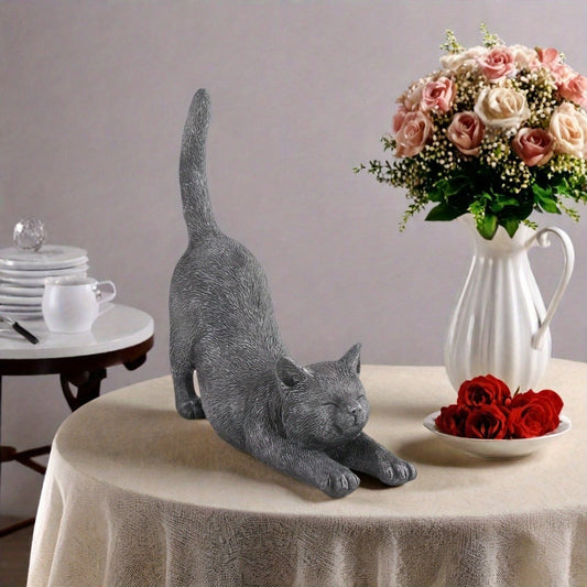 Yoga Cat Statue Hand-Painted Stretching Cat Figurine Grey Resin Decorative Sculpture for Home Office for Garden, Patio and Yard Use