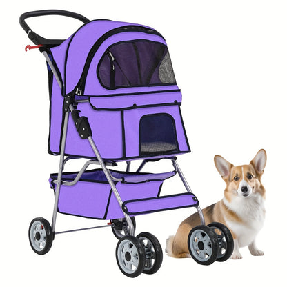 4-Wheel Pet Stroller with Cup Holder & Storage Basket | Portable Breathable Cat Dog Stroller, Smooth-Rolling Outdoor Pram