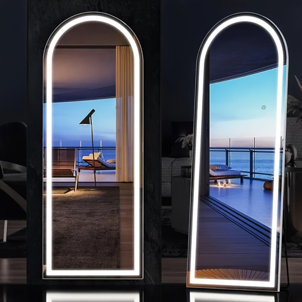 Full Length Mirror Floor Standing with LED Light – Arched & Rect Aluminum Frame Dressing Mirror for Bedroom Living Room, Black/Golden/White