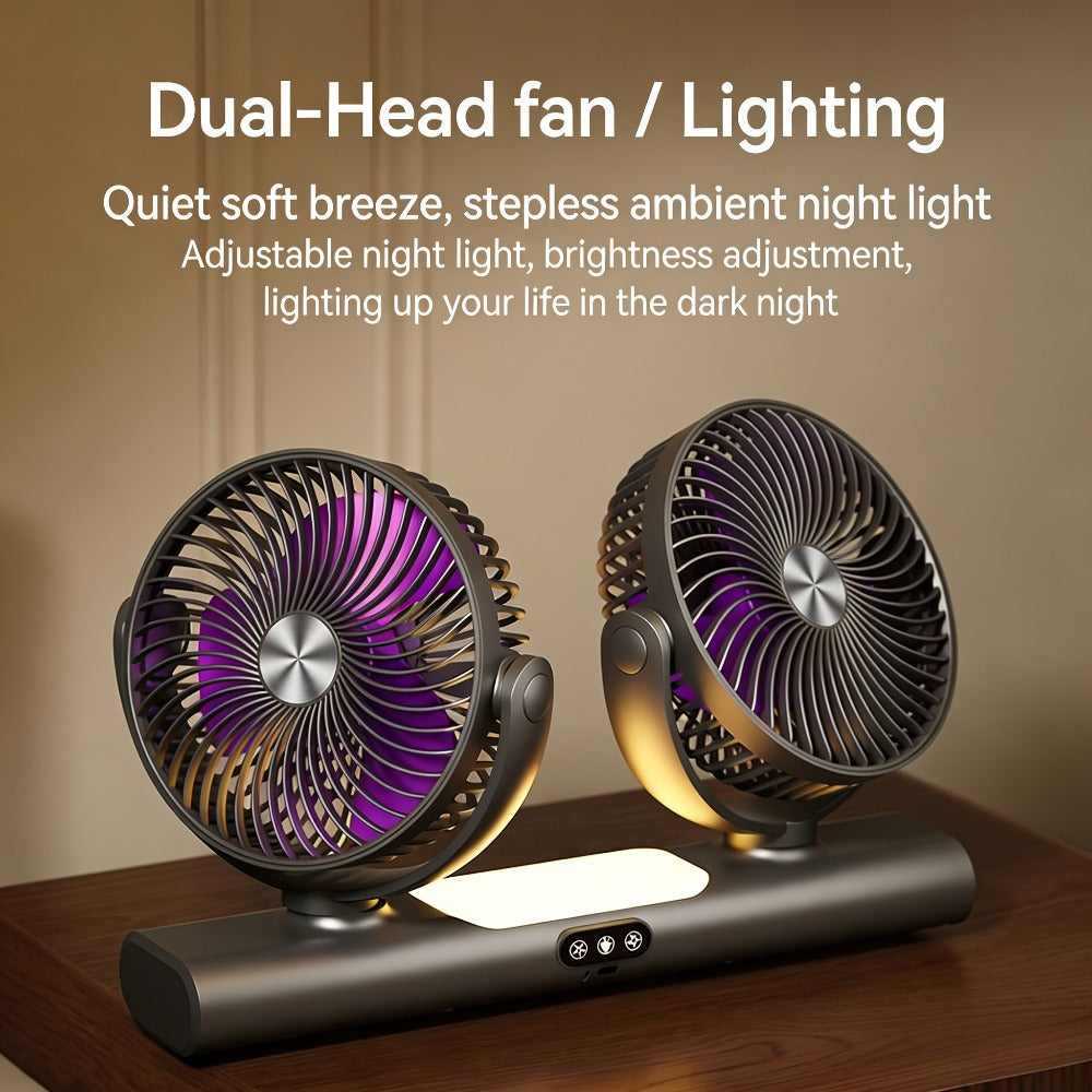 Double Head Air Circulation Fan USB Rechargeable, Desktop & Wall-Mounted 3-Speed Dual-Head Fan with Atmosphere Night Light
