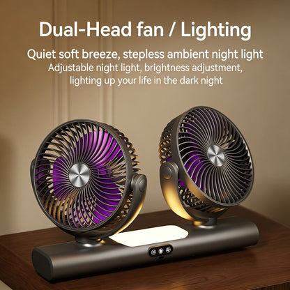 Double Head Air Circulation Fan USB Rechargeable, Desktop & Wall-Mounted 3-Speed Dual-Head Fan with Atmosphere Night Light