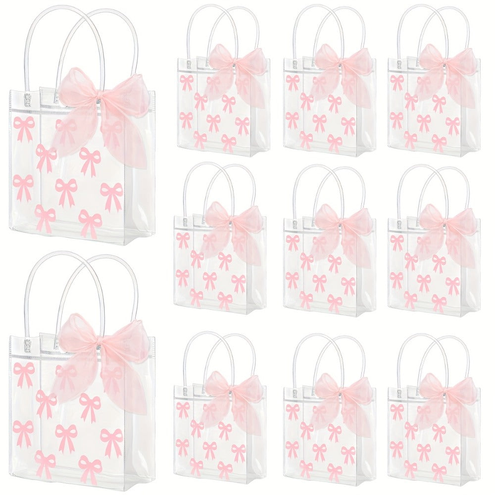 Tote Bags, Gift Bag Set Clear PVC, 24 Transparent with Pink Bow Handles and One 32.8-Foot Ribbon Roll