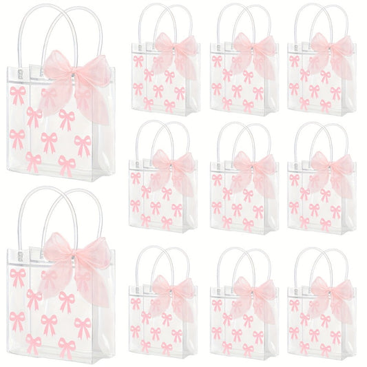 Tote Bags, Gift Bag Set Clear PVC, 24 Transparent with Pink Bow Handles and One 32.8-Foot Ribbon Roll