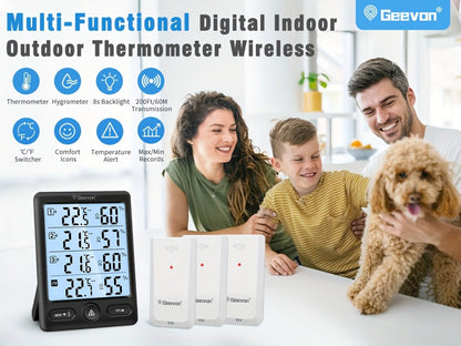 Indoor Outdoor Thermometer Wireless with 3 Remote Sensors - Digital Hygrometer Temperature Humidity Monitor