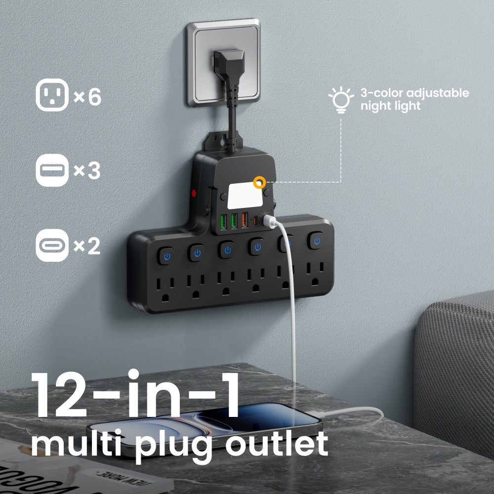 Night Light Wall Outlet Extender 11-in-1 with 6 AC Outlets & 5 USB Ports (3 USB-A & 2 USB-C), Surge Protector Adapter for Home