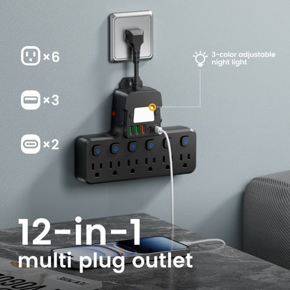 Night Light Wall Outlet Extender 11-in-1 with 6 AC Outlets & 5 USB Ports (3 USB-A & 2 USB-C), Surge Protector Adapter for Home