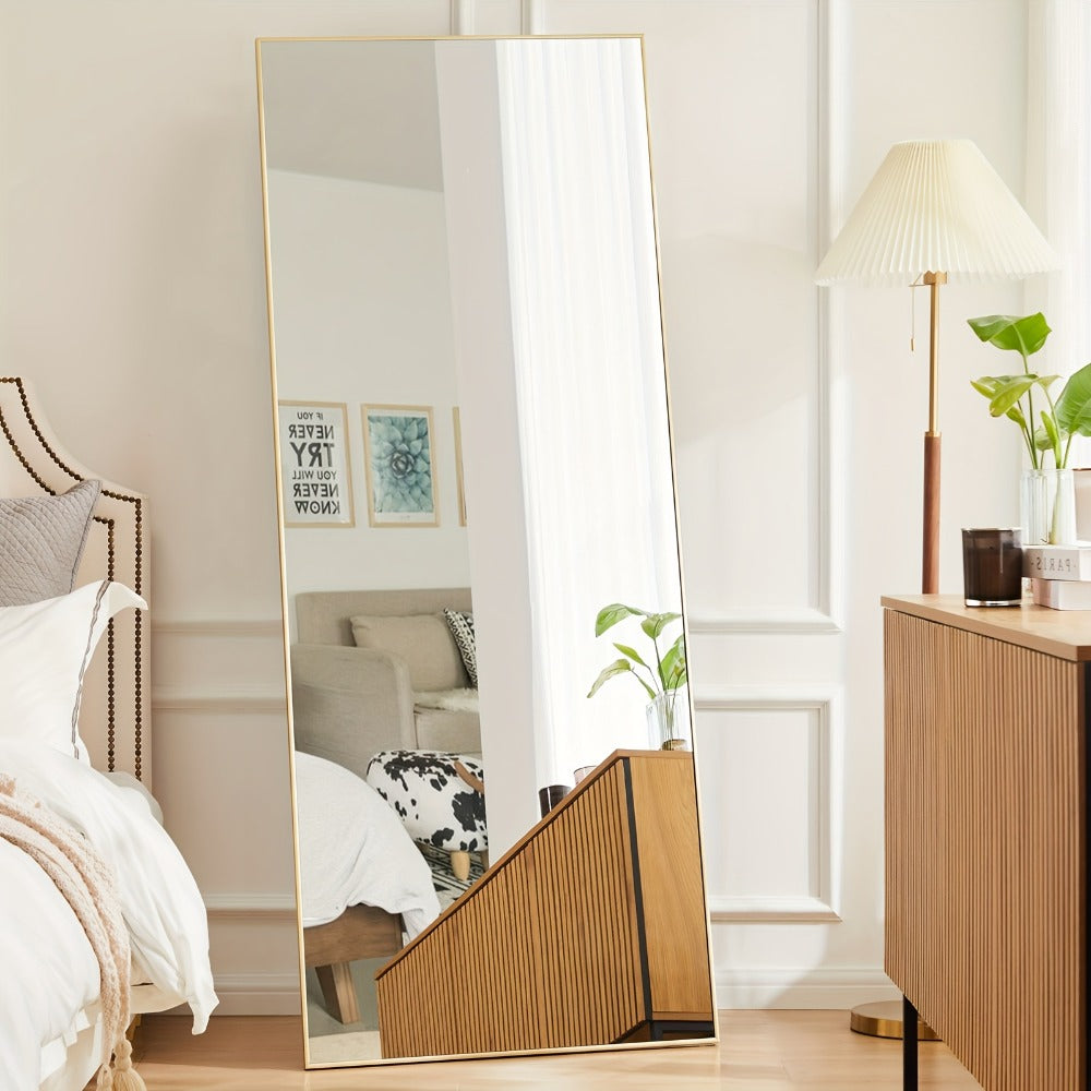Full-Length Floor Mirror in 59 × 16 or 64 × 21 Inch Arched and Rectangular Black or Gold Frame Options