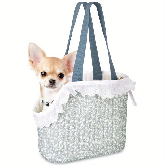 Small Dog Carrier Tote Bag with Safety Features Soft Polyester Lace Design, Hook & Loop Closure – Blue Floral Pet Travel Bag for Small Dogs