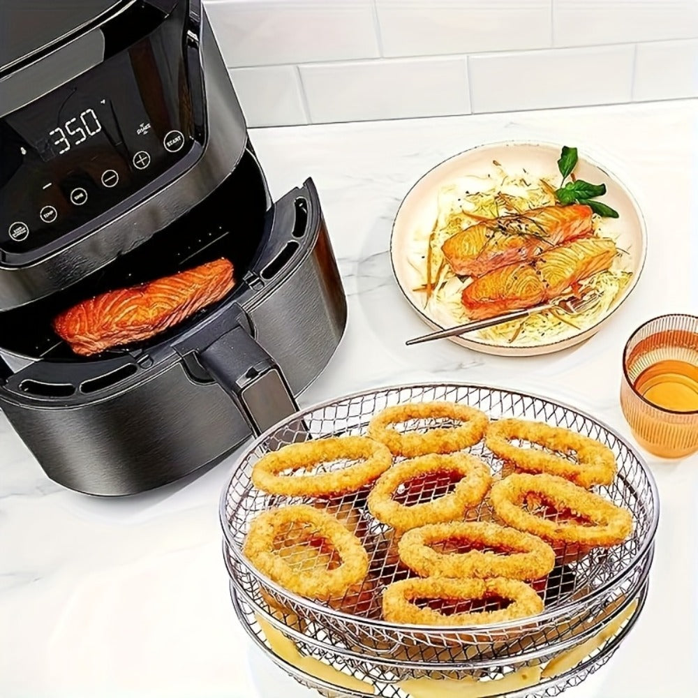 Seven-Piece Round Air Fryer Rack Set with Three Stackable Trays, One Handling Tool and Three Grips
