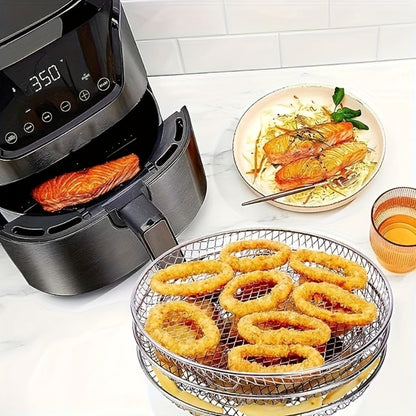 Seven-Piece Round Air Fryer Rack Set with Three Stackable Trays, One Handling Tool and Three Grips