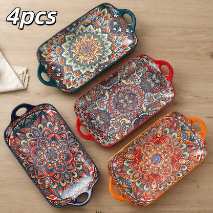 Ceramic Serving Platter Set of 4, Bohemian Rectangular Fish Dish with Double Handles, Baking Tray for Sushi Pasta Desserts Salads Fruits