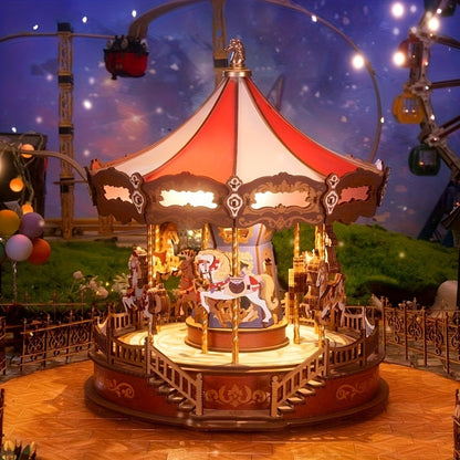 Rolife Carousel Music Box Kit, DIY 3D Wooden Puzzle Architectural Craft Model, Spinning Carousel with Music