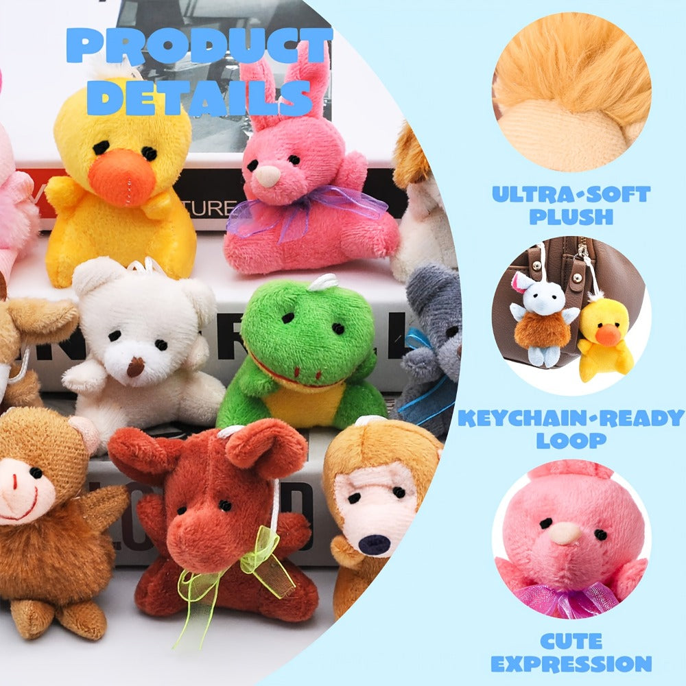 24-Piece Mini Plush Animal Keychain Set with 2.4–3.2 Inch Assorted Figures and Hanging Loops