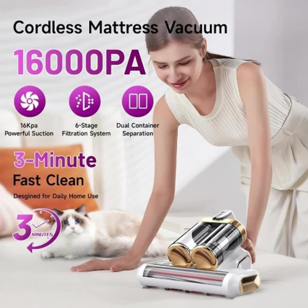 Mattress Vacuum Cleaner Handheld Bed Cleaner – 16KPa Strong Suction with UVC Light & Hot Air Heating, Deep Clean for Pillows, Sofa