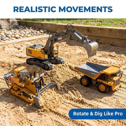 RC Construction Vehicle Set 2.4G 11-Channel Remote Control Excavator Dump Truck Bulldozer, 1:24 & 1:64 Alloy Engineering Toy