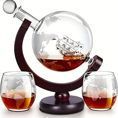 Whiskey Decanter Set with Glasses and Wooden Stand Ball Globe 28oz or Sailboat 44oz Etched for Home Cooking, Dining and Outdoor Meals