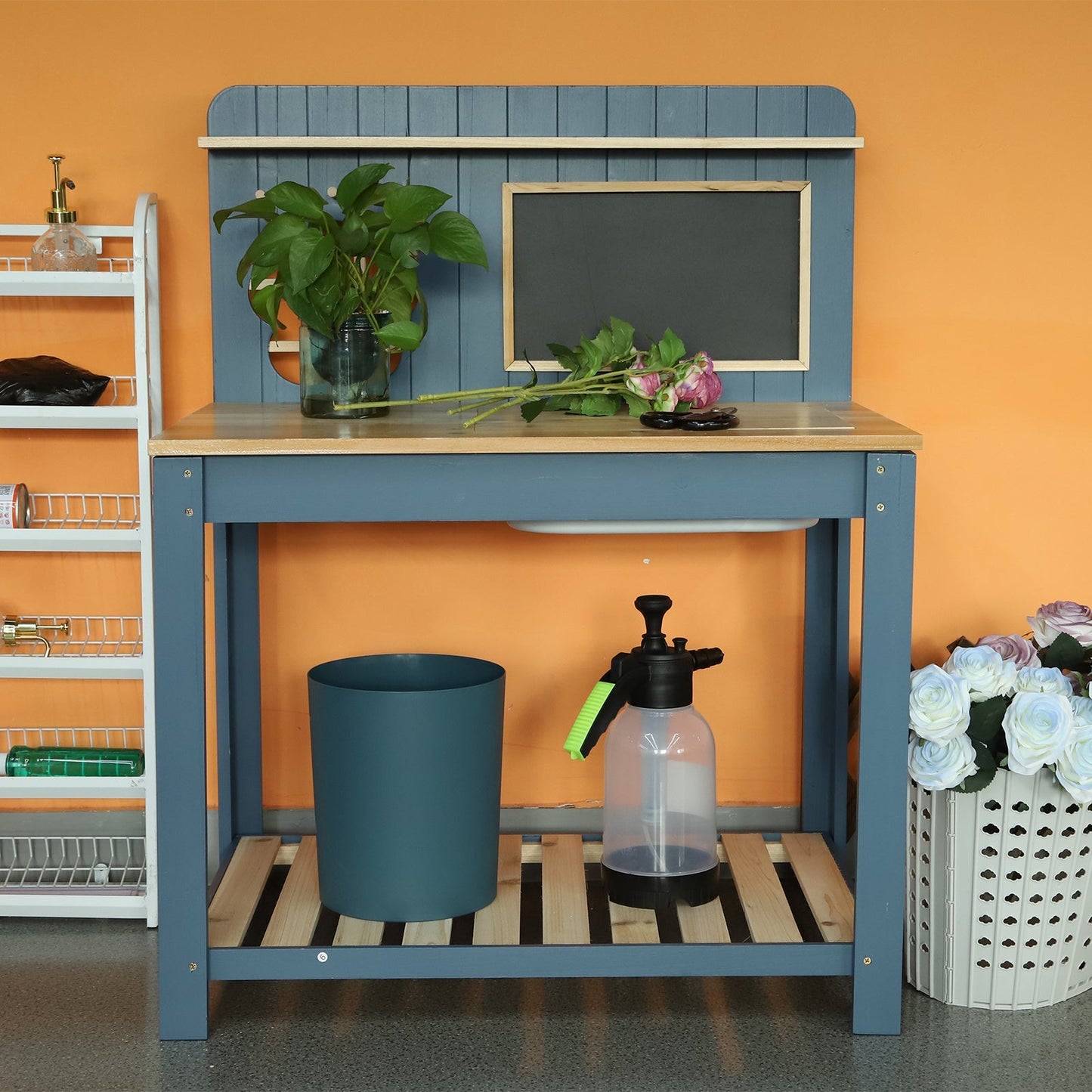 Potting Bench Table Cedar Wood Garden Workstation with Blackboard Removable Sink Hooks Double Shelf for Garden, Patio and Yard Use