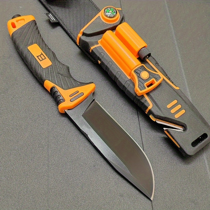 Fixed Blade Outdoor Camping Knife 9.64 Inch Stainless Steel, Survival Hunting Knife with Flint Fire Starter Night Light Sharpener Safety