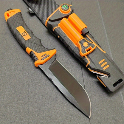 Fixed Blade Outdoor Camping Knife 9.64 Inch Stainless Steel, Survival Hunting Knife with Flint Fire Starter Night Light Sharpener Safety
