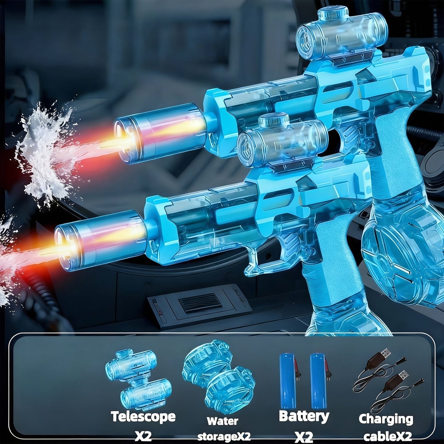 Two-Piece Electric Water Blaster Set with Lighted Sights, Rechargeable Batteries and Three Pairings