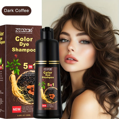 Hair Color Shampoo, ZTAZAKI 5-in-1 250ml Bottle with Six Black, Coffee and Brown Color Options