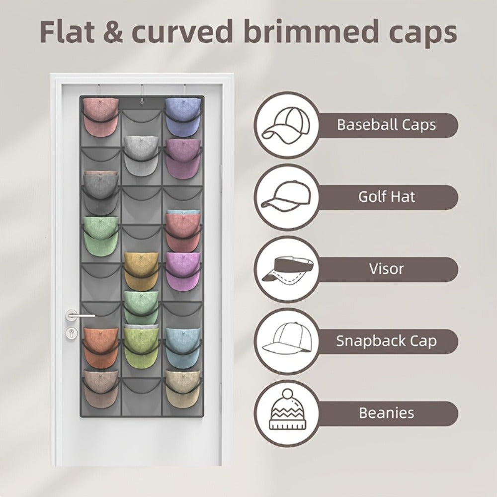 Over the Door Hat Organizer 24 Pocket - Baseball Cap Rack with Large Clear Pockets for Entryways, Bedrooms and Living Spaces