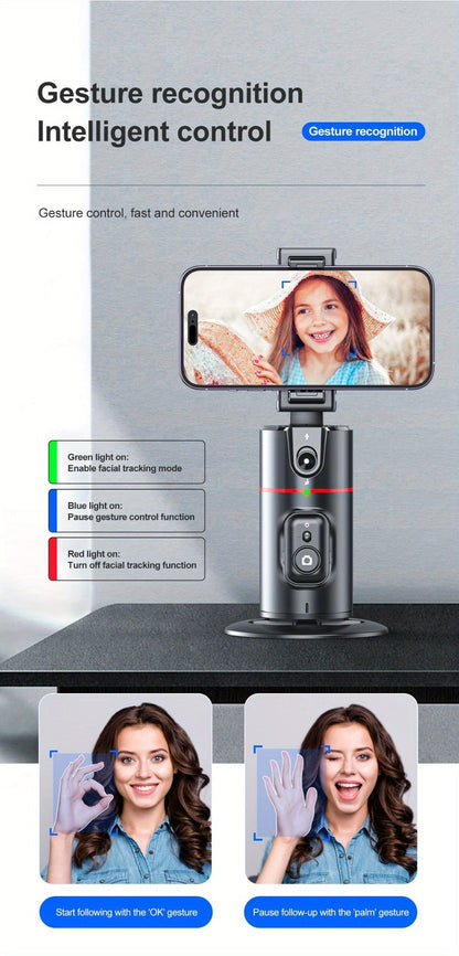 Gesture Control Auto Face Tracking Tripod with 360° Rotation & Wireless Remote No App Required