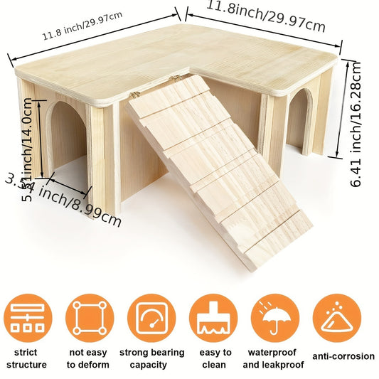 Guinea Pig Hideout House – Wooden Castle with Multiple Chambers & Ladder, Small Animal Habitat Accessory for Hamster, Chinchilla