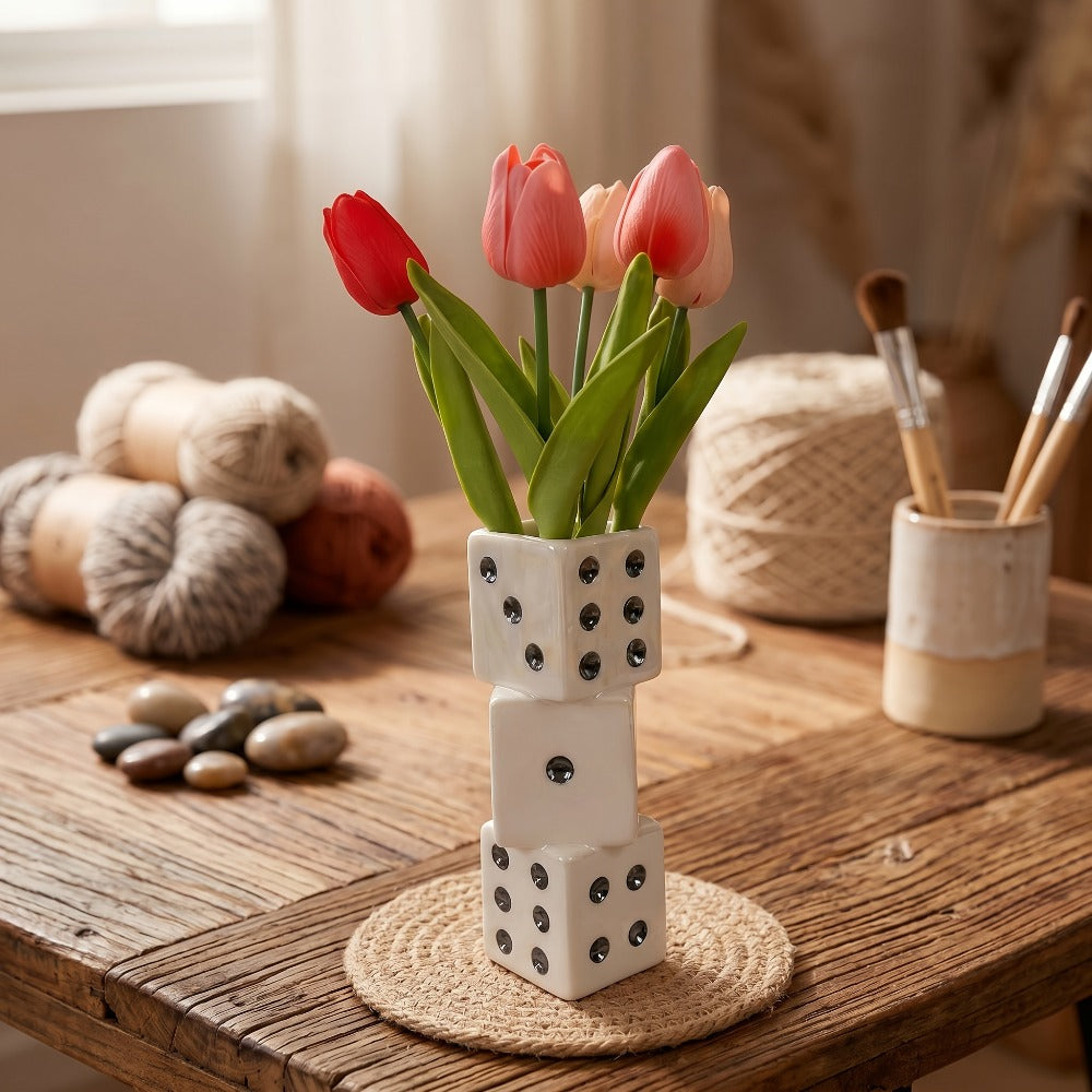 Ceramic Dice Vase for Dried Flowers Pampas Grass Rose Modern Square Flower Vase Unique Home Decor Gift Handmade Decorative Vase for Living