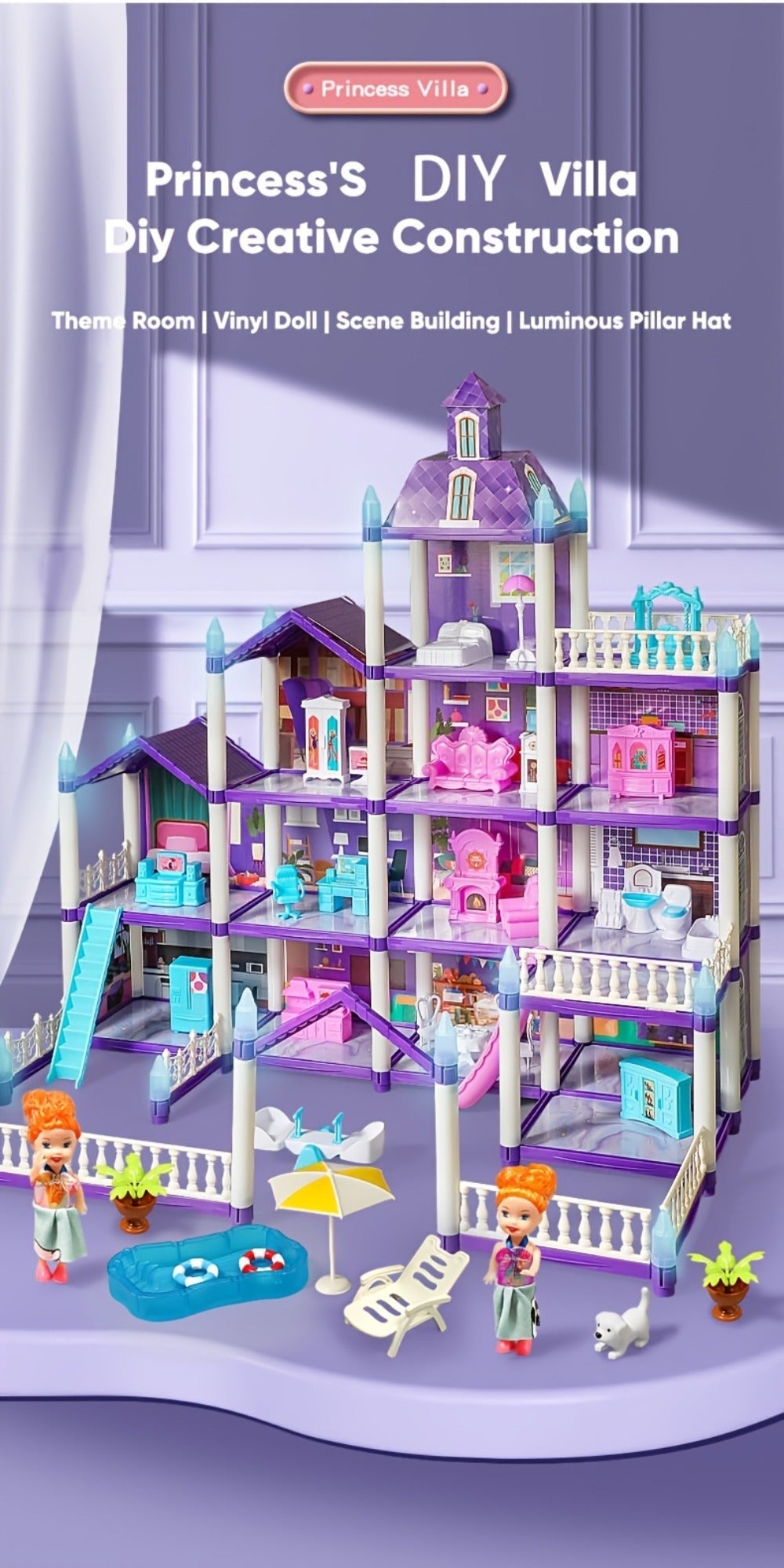 LED Dollhouse Playset for Girls, Purple Multi-Room Playhouse with Doll Figures, Puppies, Furniture & LED Lighting