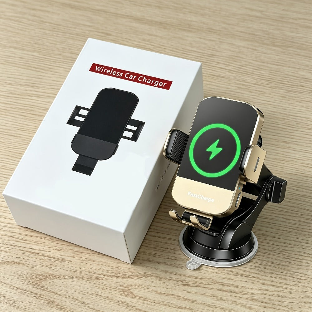Brass-Tone Wireless Car Charger Mount with Side Clamps, Suction Base and Pictured Air-Vent Clip