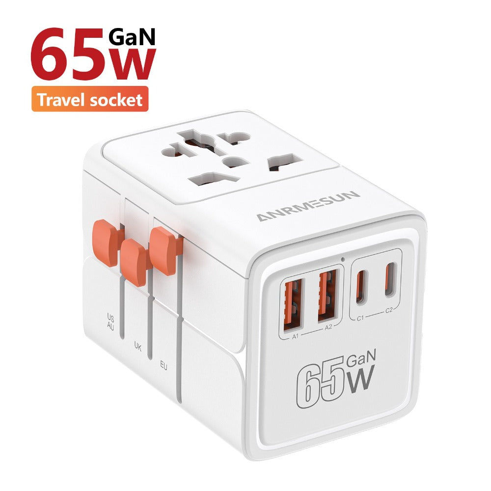 65W Universal Travel Adapter with 4 USB Ports - 2 USB-C & 2 USB-A Fast Charging, US EU UK AU Plugs