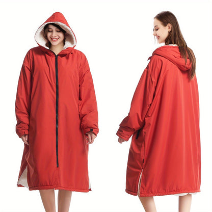 Changing Robe Fleece Lined Hooded – Long Sleeve Windproof Warm Surf Poncho for Swimming, Surfing, Diving, Camping & Hiking – 43.3x31.5in