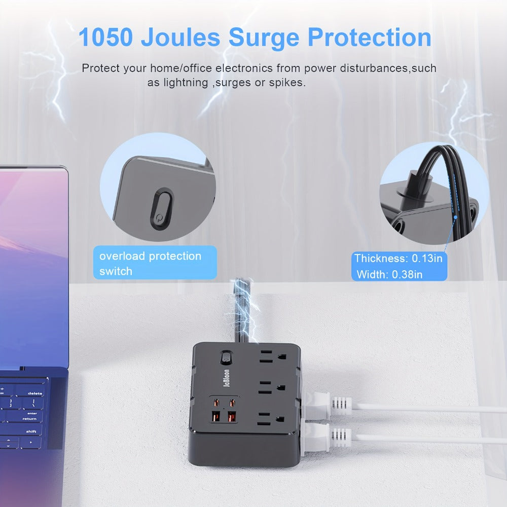 Surge Protector Power Strip 10-in-1 with 6 AC Outlets, 2 USB-A, 2 USB-C, Flat Plug and 5 ft Extension Cord