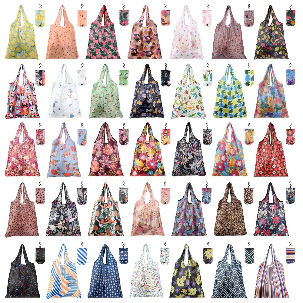 Reusable Grocery Bags Foldable Nylon Tote Bags Waterproof Washable Eco-Friendly Shopping Bag Set with Cute Floral Stripe Polka Dot Leopard