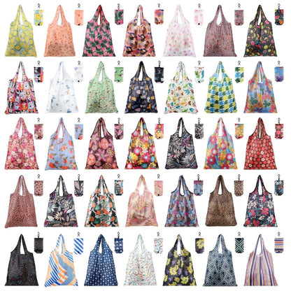 Reusable Grocery Bags Foldable Nylon Tote Bags Waterproof Washable Eco-Friendly Shopping Bag Set with Cute Floral Stripe Polka Dot Leopard