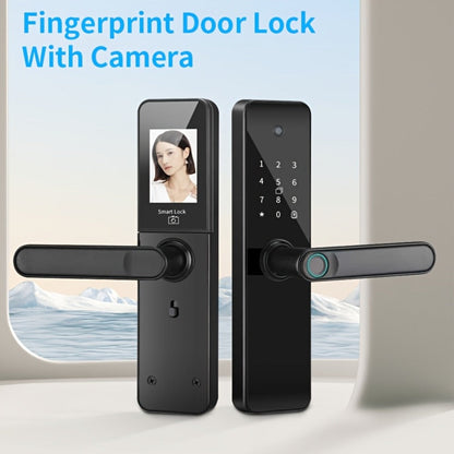 Smart Door Lock with Fingerprint Keypad Card App Access and Optional Camera Handle Models in Black