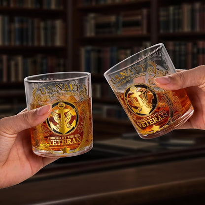 Engraved Veteran Tribute Whiskey Glass 10oz - US Navy Military Gift, Personalized Patriotic Whiskey Glasses for Dad