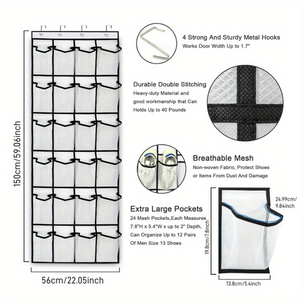 Over Door Shoe Organizer 24 Large Mesh Pockets, Foldable Breathable Hanging Storage Rack for Entryways, Bedrooms and Living Spaces