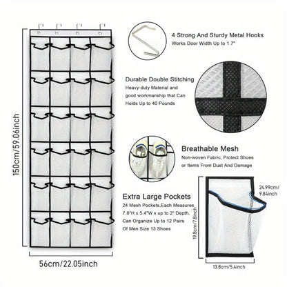 Over Door Shoe Organizer 24 Large Mesh Pockets, Foldable Breathable Hanging Storage Rack for Entryways, Bedrooms and Living Spaces