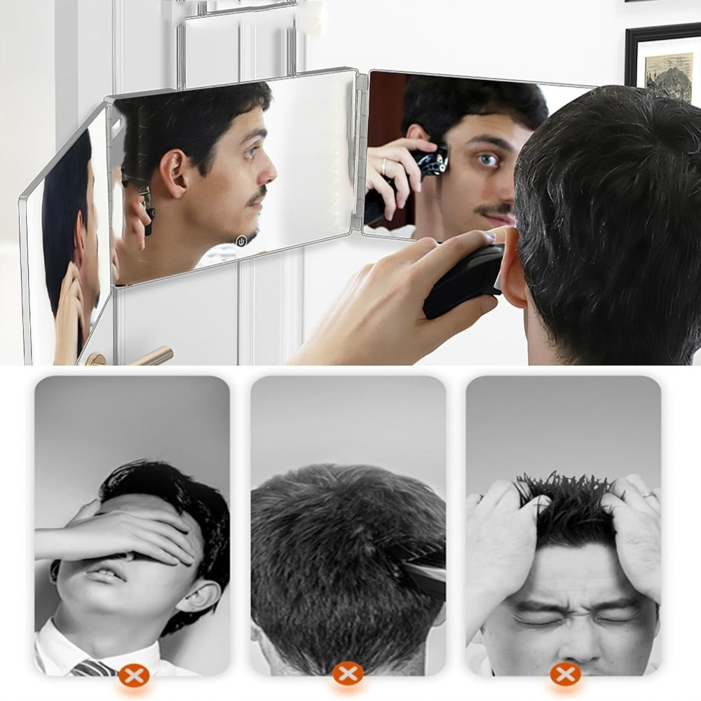 Three-Way Folding Mirror for Haircutting 360° View Anti-Fog HD Glass Height-Adjustable Telescopic Hook – Foldable Three-Sided Mirror