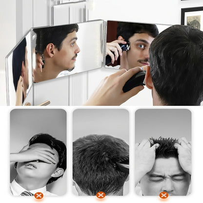 Three-Way Folding Mirror for Haircutting 360° View Anti-Fog HD Glass Height-Adjustable Telescopic Hook – Foldable Three-Sided Mirror