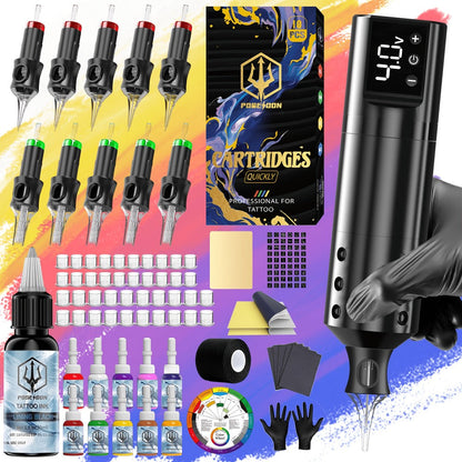 Wireless Tattoo Machine Kit Complete - POSEIDON V5 Rotary Pen with LCD Screen 1500mAh for Temporary Body Art, Festivals and Costumes