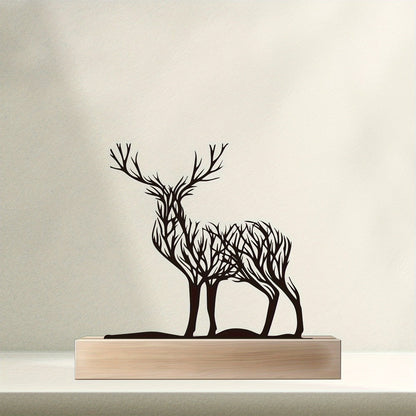Deer Branch Silhouette Tabletop Decor with Black Iron-Metal Figures, Wood-Look Base and 5.9 x 5.9-Inch Size